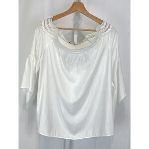 RAMY BROOK Off Shoulder Blouse Lace Trim Smocked 3/4 Flutter Sleeve White Size M